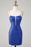 Sparkly Royal Blue Bodycon Spaghetti Straps Cocktail Dress
