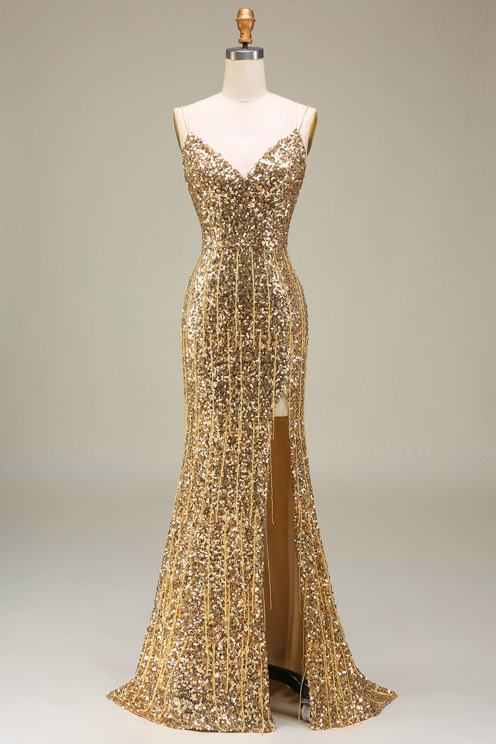 Sparkly Golden Mermaid Long Fringed Prom Dress With Slit