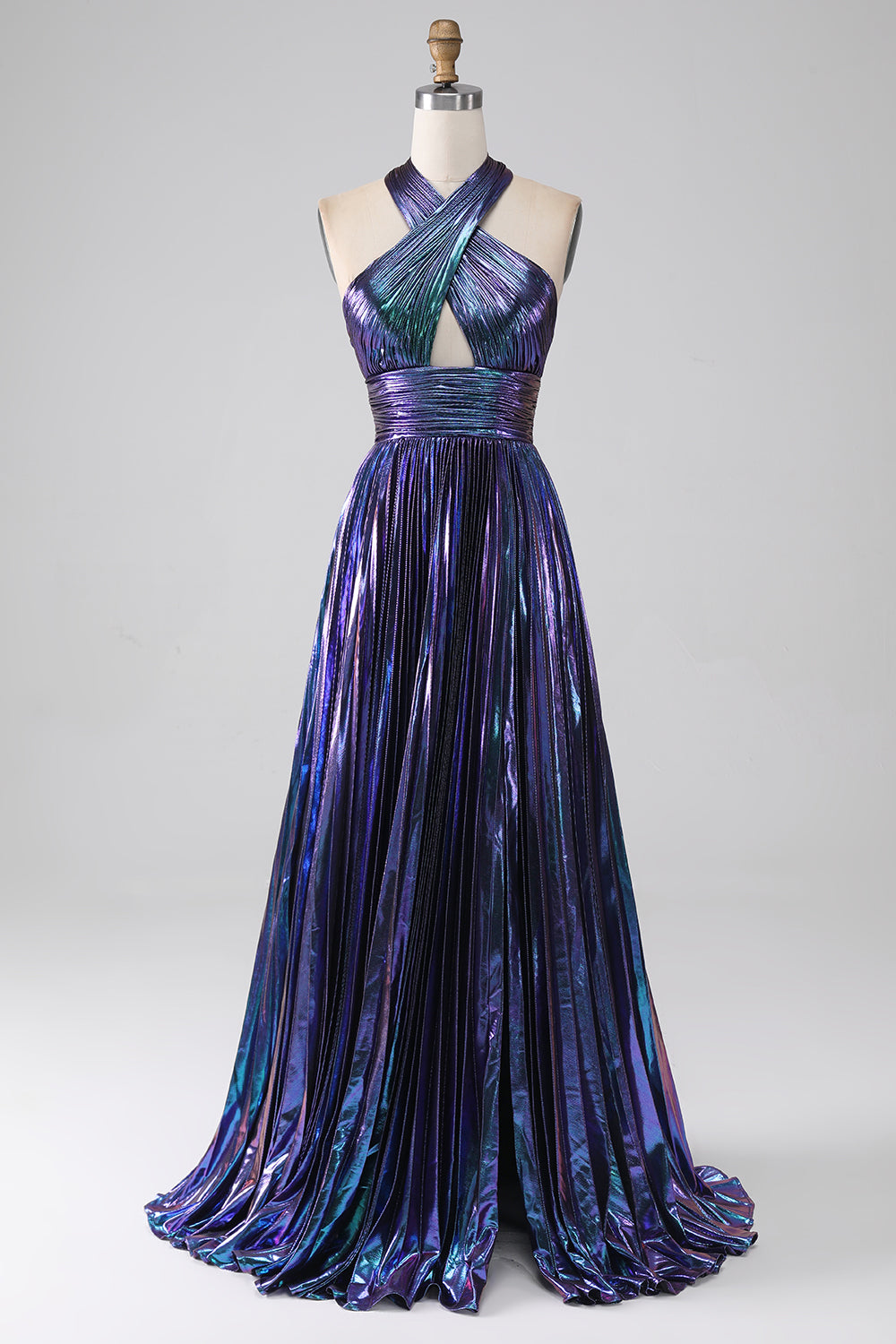 Sparkly Dark Purple Halter A Line Long Prom Dress With Pleated