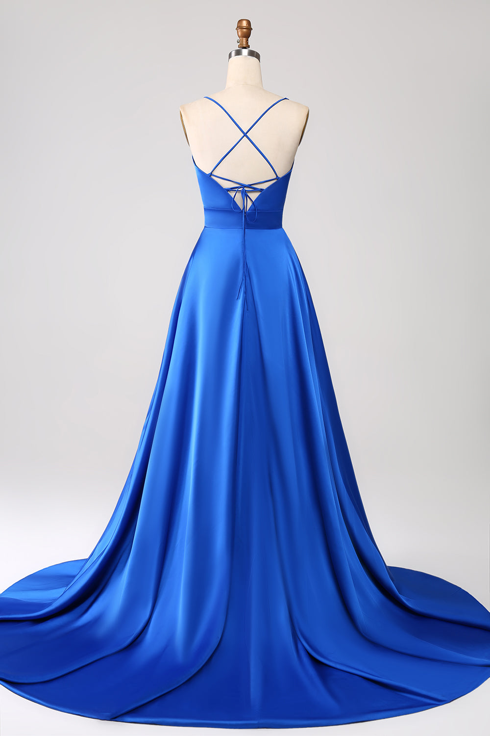 A Line Satin Royal Blue Spaghetti Straps Prom Dress with Slit