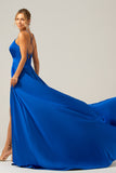 A Line Satin Royal Blue Spaghetti Straps Prom Dress with Slit