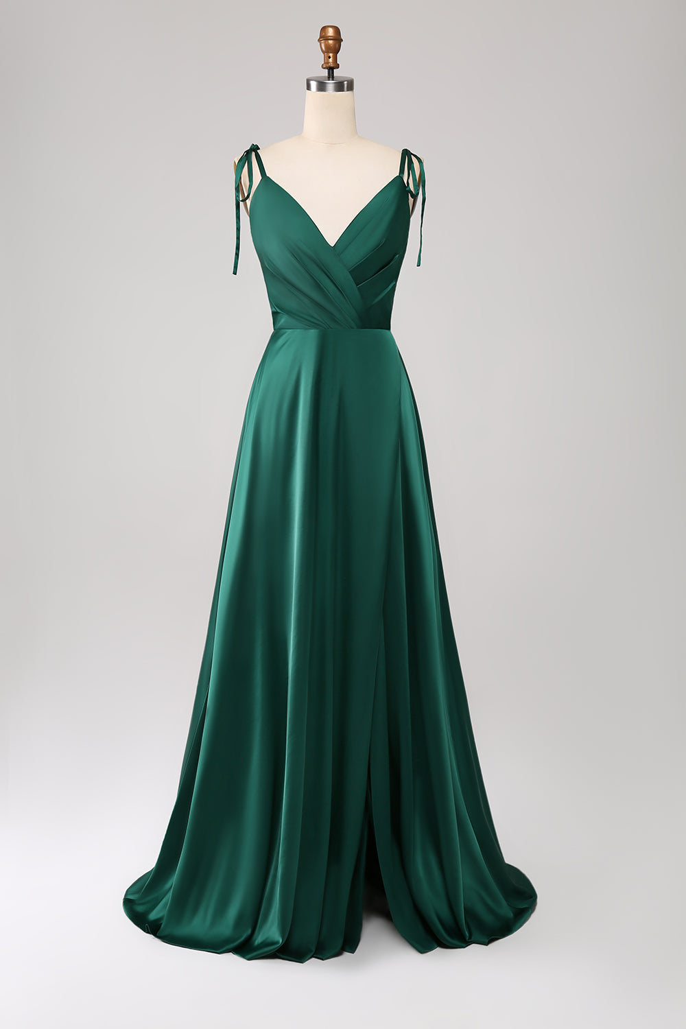 Dark Green A-Line Spaghetti Straps Satin Long Bridesmaid Dress With Slit