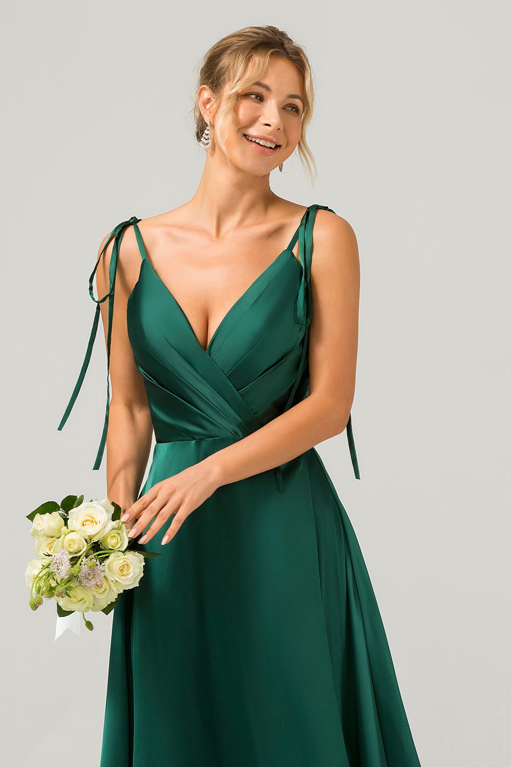 Dark Green A-Line Spaghetti Straps Satin Long Bridesmaid Dress With Slit