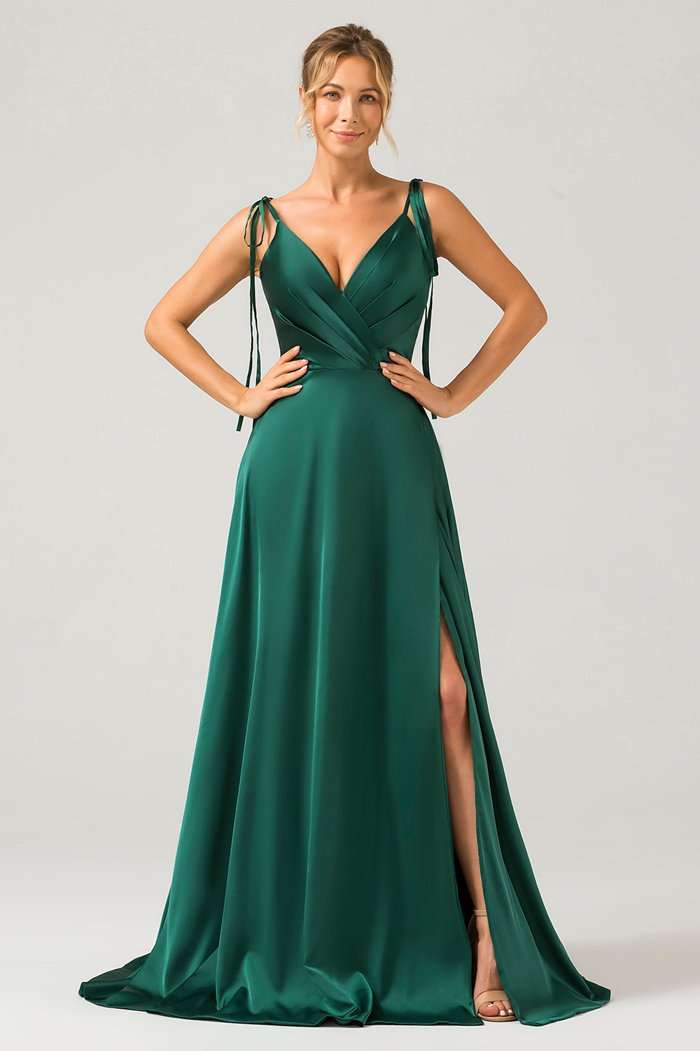 Dark Green A-Line Spaghetti Straps Satin Long Bridesmaid Dress With Slit