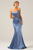 Grey Blue Mermaid Satin Spaghetti Straps Long Bridesmaid Dress
