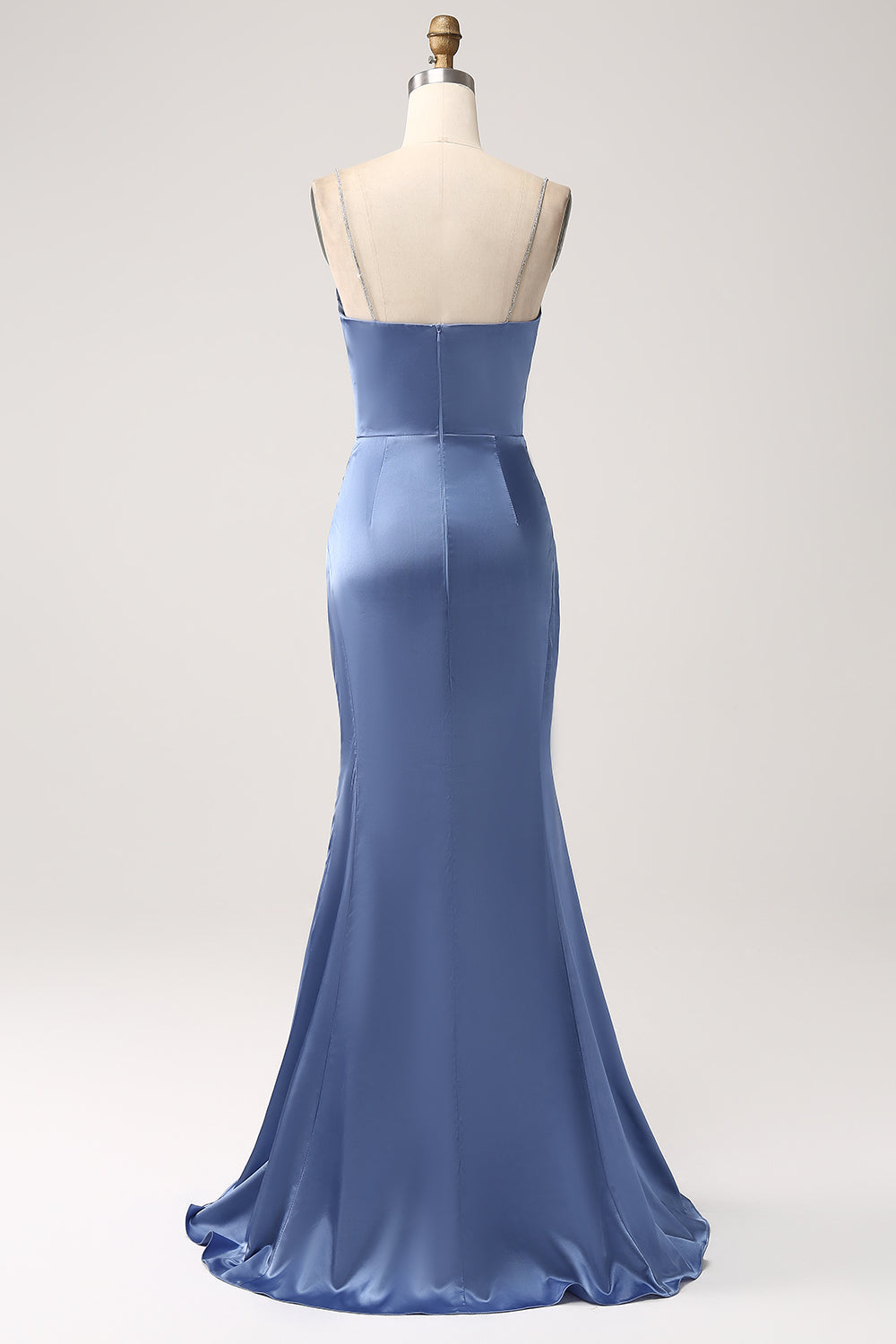 Grey Blue Mermaid Satin Spaghetti Straps Long Bridesmaid Dress