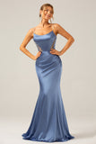 Grey Blue Mermaid Satin Spaghetti Straps Long Bridesmaid Dress