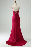 Sweetheart Corset Burgundy Lace Up Sheath Prom Dress with High Slit