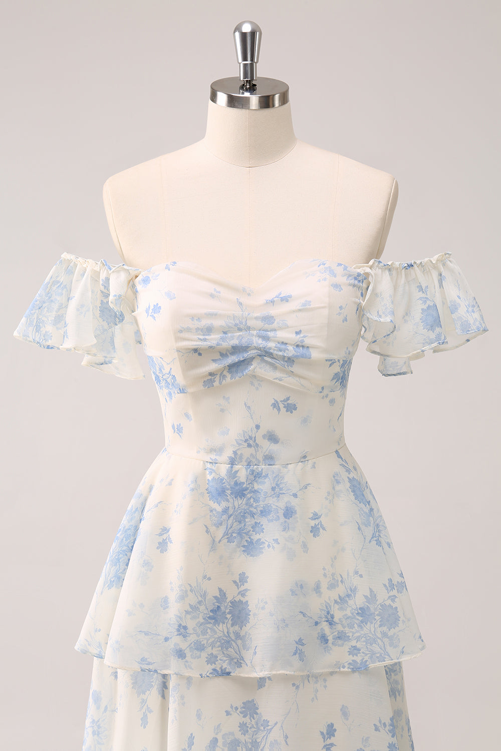 White Blue Floral Printed Sweetheart Tiered Chiffon Bridesmaid Dress