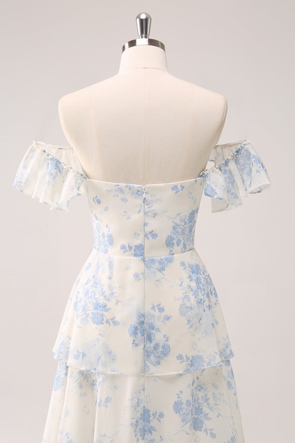 White Blue Floral Printed Sweetheart Tiered Chiffon Bridesmaid Dress