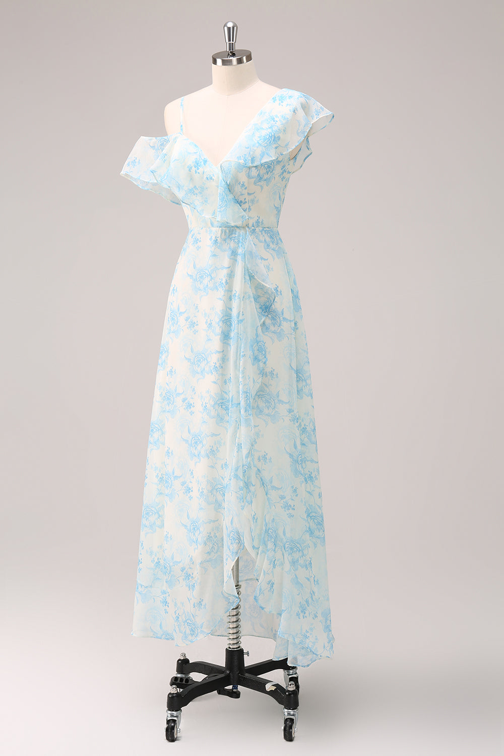 Stylish White Blue Flower A-Line Chiffon Bridesmaid Dress