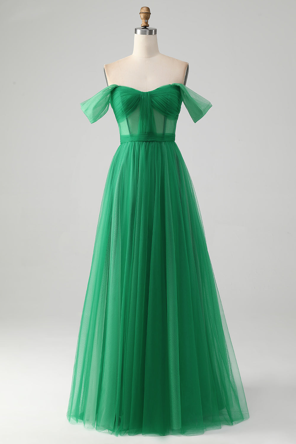 Off the Shoulder Dark Green Pleated A Line Tulle Bridesmaid Dress