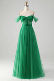 Off the Shoulder Dark Green Pleated A Line Tulle Bridesmaid Dress