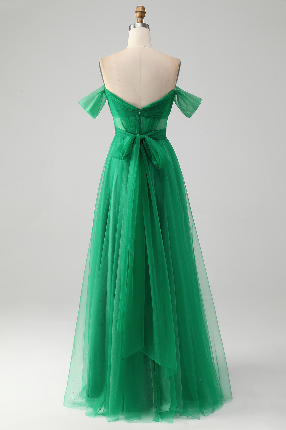 Off the Shoulder Dark Green Pleated A Line Tulle Bridesmaid Dress