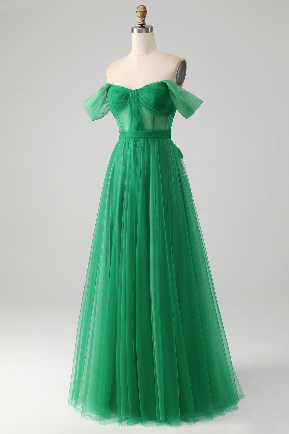 Off the Shoulder Dark Green Pleated A Line Tulle Bridesmaid Dress