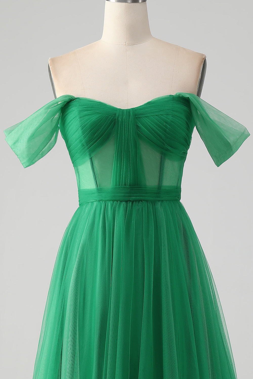 Off the Shoulder Dark Green Pleated A Line Tulle Bridesmaid Dress