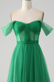 Off the Shoulder Dark Green Pleated A Line Tulle Bridesmaid Dress