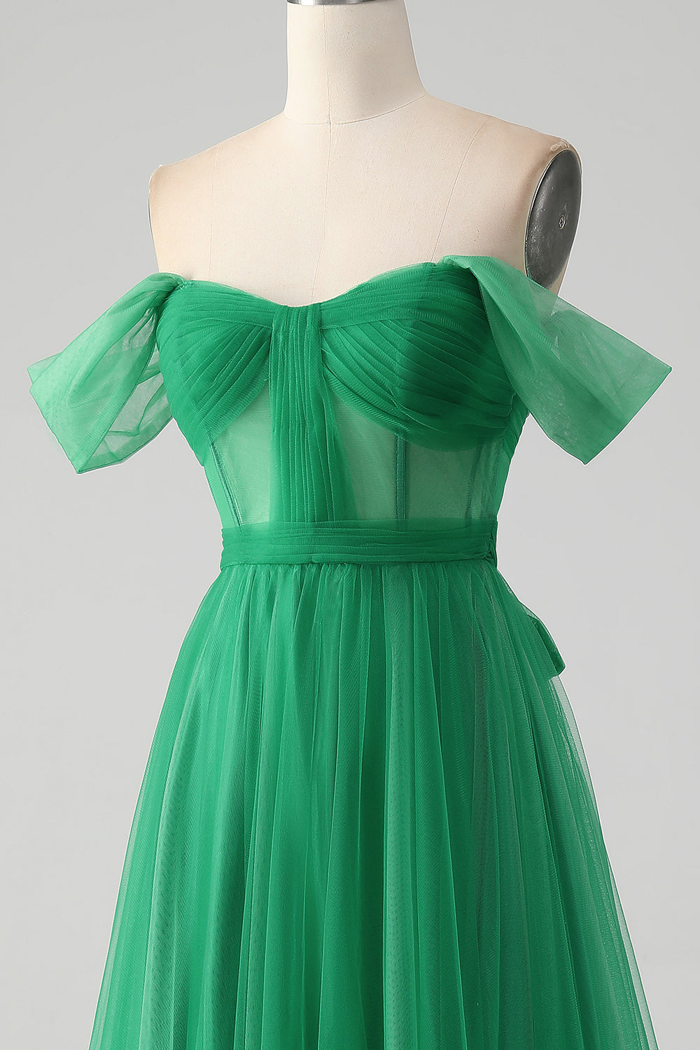 Off the Shoulder Dark Green Pleated A Line Tulle Bridesmaid Dress