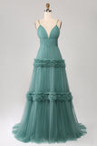 Grey Green A Line Tulle Pleated Spaghetti Straps Backless Prom Dress