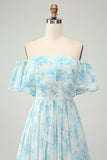 Off the Shoulder White Blue Ruffles Floral A Line Maxi Bridesmaid Dress