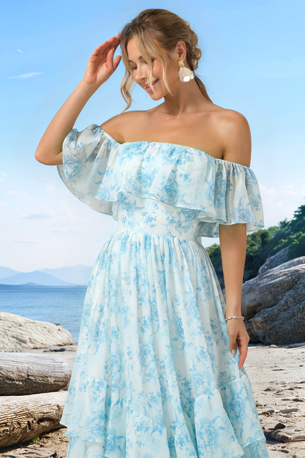 White Blue Off the Shoulder Ruffled Floral A Line Bridesmaid Dress