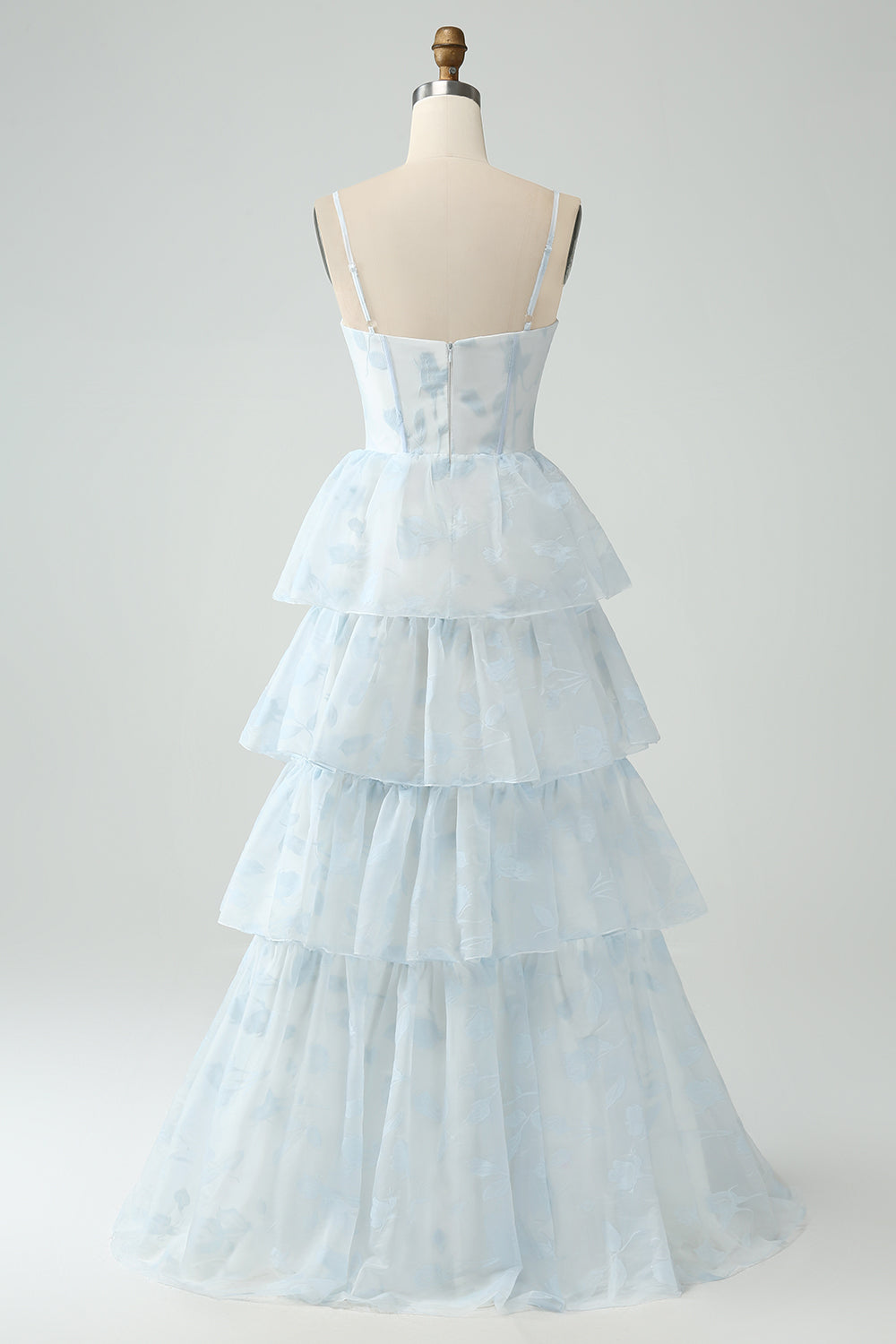 Light Blue Corset Ruffles Tiered Floral A Line Bridesmaid Dress with Slit