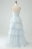 Light Blue Corset Ruffles Tiered Floral A Line Bridesmaid Dress with Slit