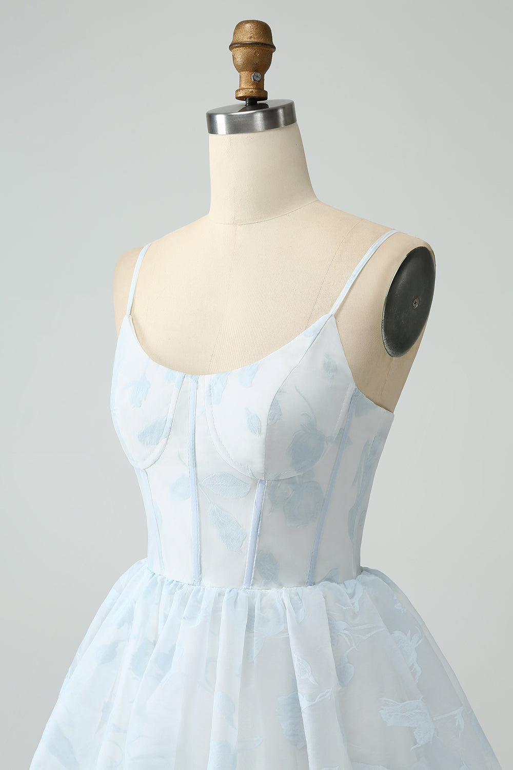 Light Blue Corset Ruffles Tiered Floral A Line Bridesmaid Dress with Slit
