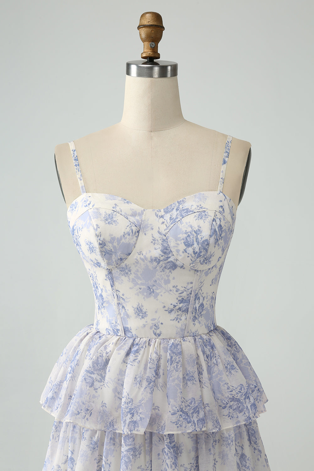 Adjustable Spaghetti Straps Corset Ruffles Floral Print A-Line Maxi Prom Dress