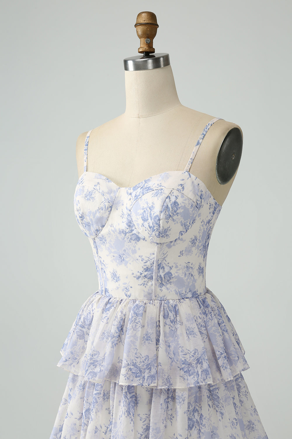 Adjustable Spaghetti Straps Corset Ruffles Floral Print A-Line Maxi Prom Dress