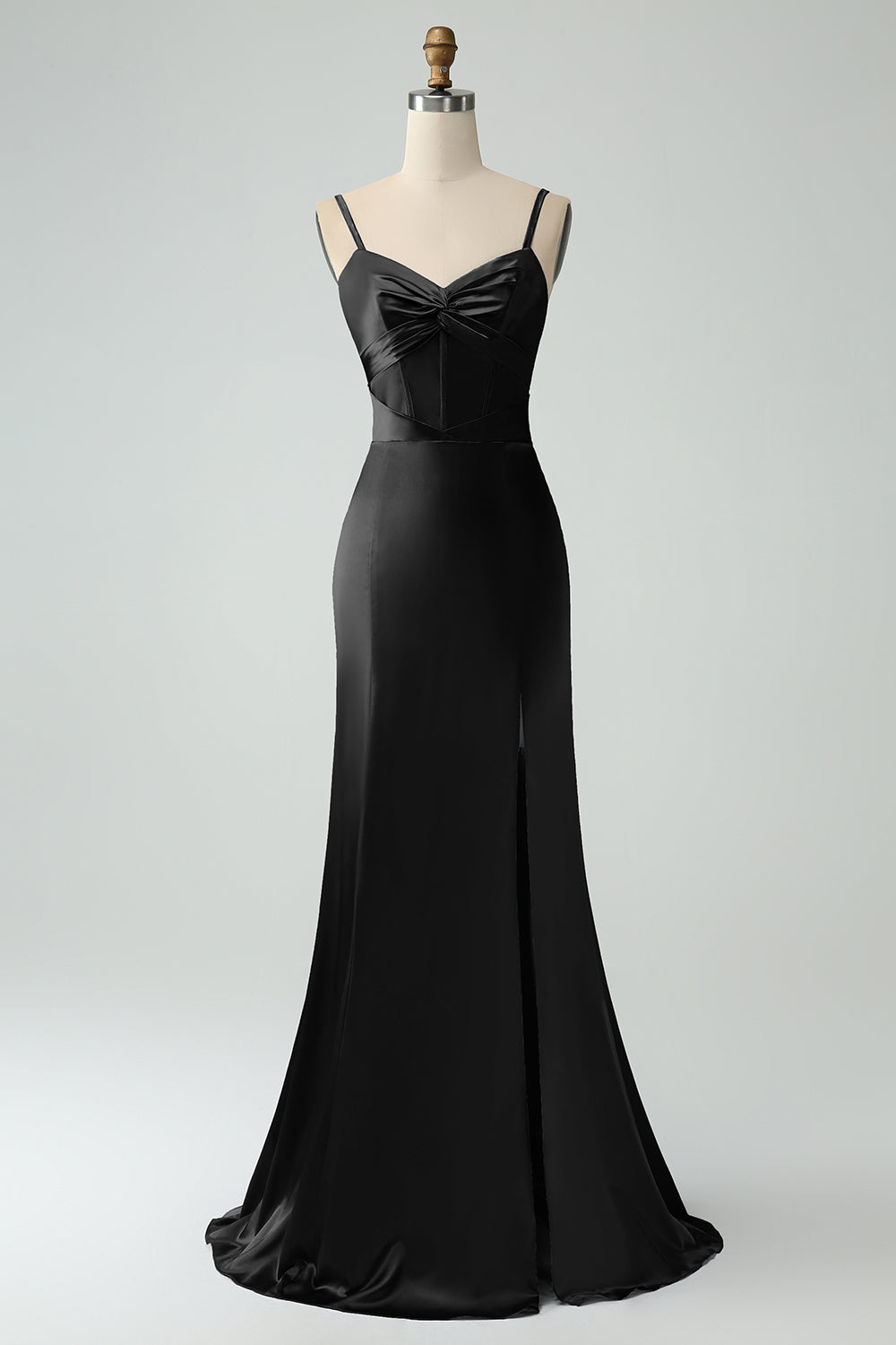 Black Spaghetti Straps Bowknot Mermaid Satin Long Wedding Guest Dress with Slit