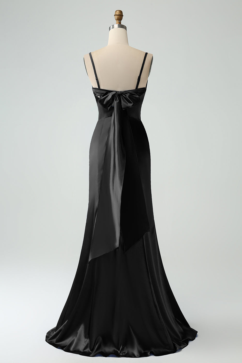 Black Spaghetti Straps Bowknot Mermaid Satin Long Wedding Guest Dress with Slit