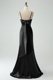 Black Spaghetti Straps Bowknot Mermaid Satin Long Wedding Guest Dress with Slit