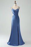 Twist Front Bowknot Sheath Satin Long Wedding Guest Dress with Slit