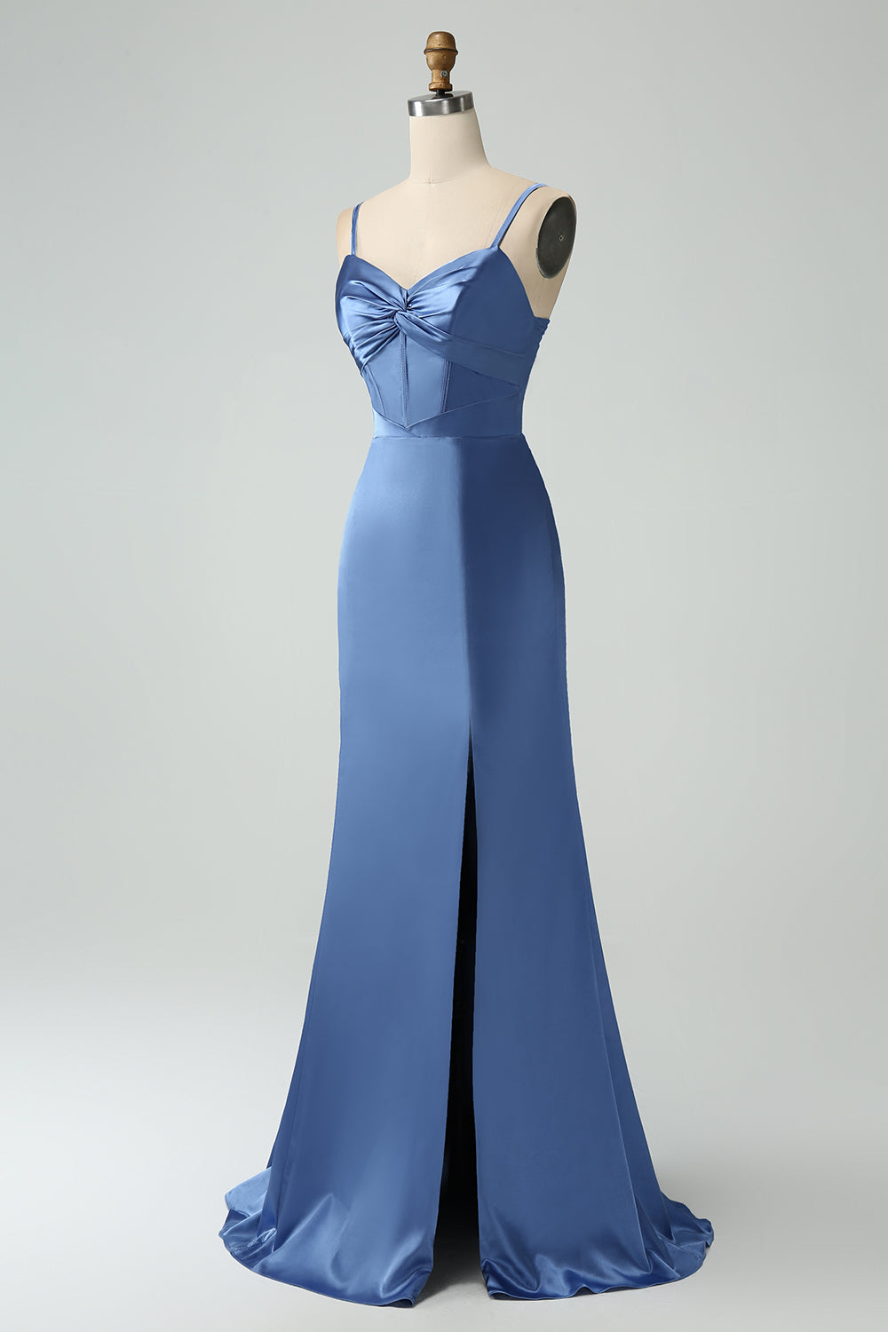 Twist Front Bowknot Sheath Satin Long Wedding Guest Dress with Slit