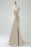 Black Spaghetti Straps Bowknot Mermaid Satin Long Wedding Guest Dress with Slit