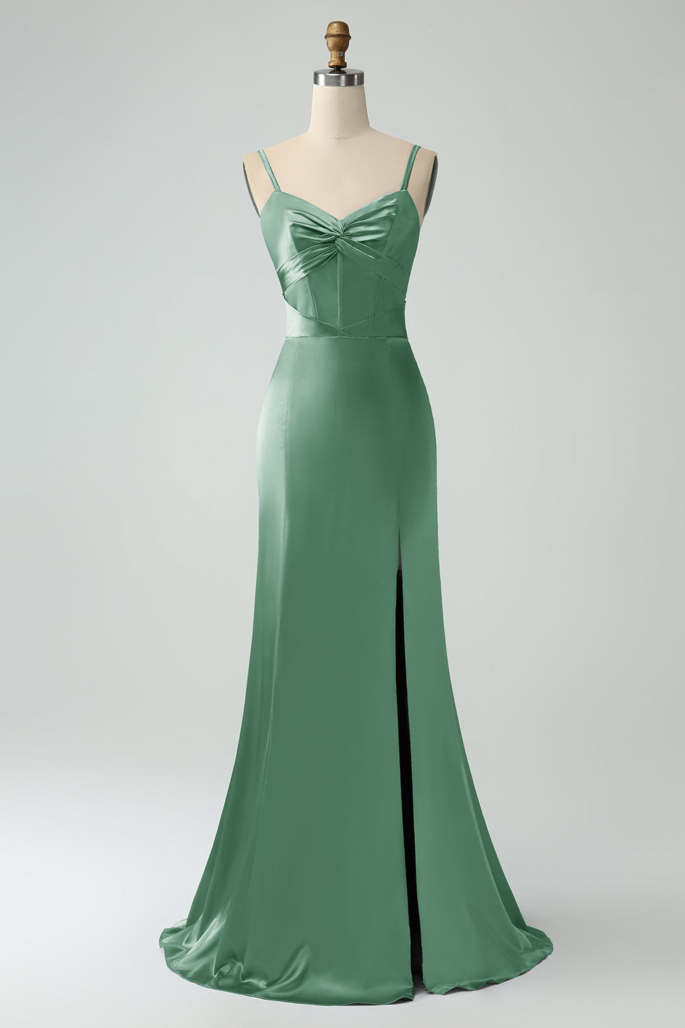 Twist Front Bowknot Sheath Satin Long Wedding Guest Dress with Slit