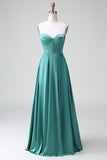Eucalyptus Spaghetti Straps Corset Satin A Line Long Bridesmaid Dress