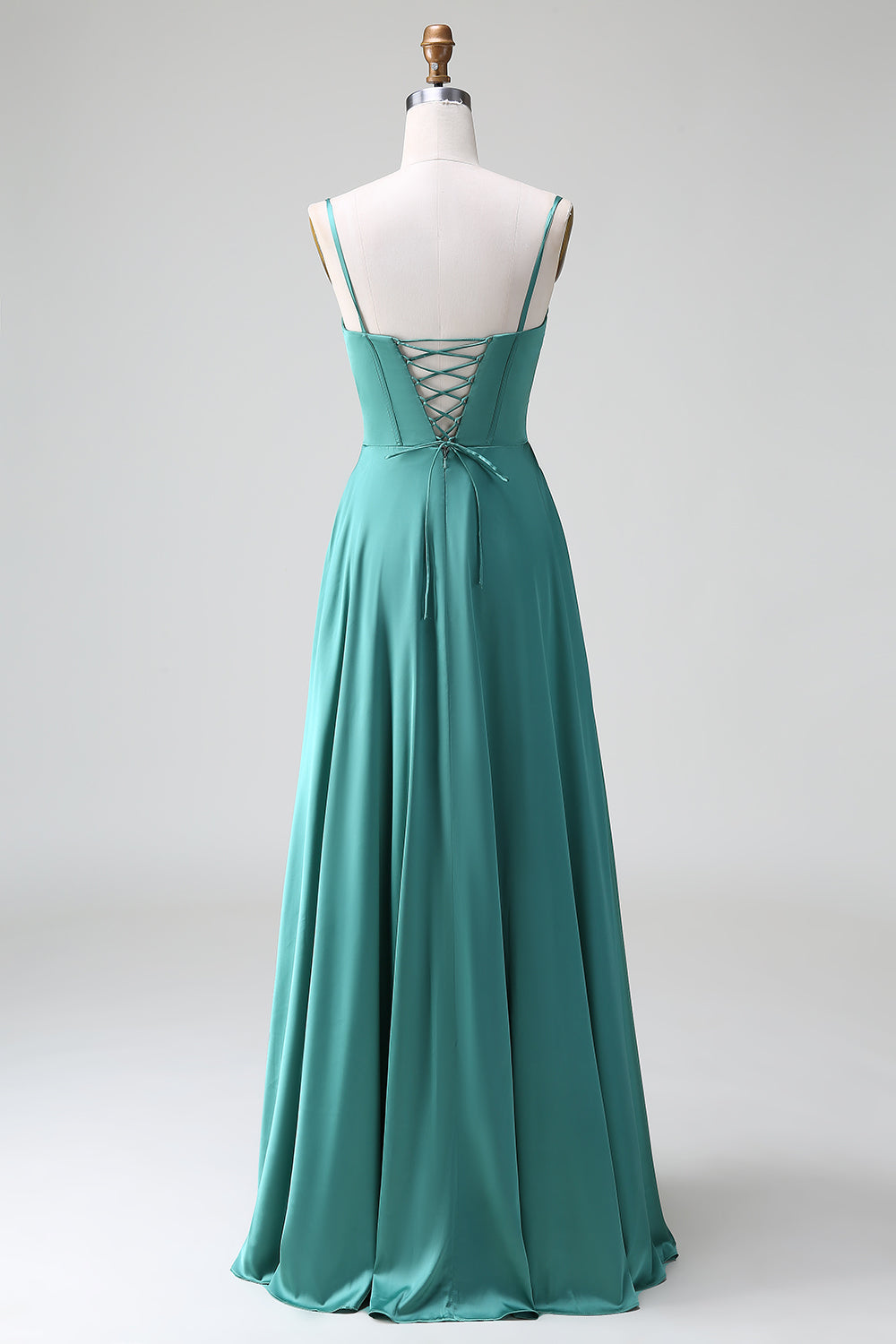 Eucalyptus Spaghetti Straps Corset Satin A Line Long Bridesmaid Dress