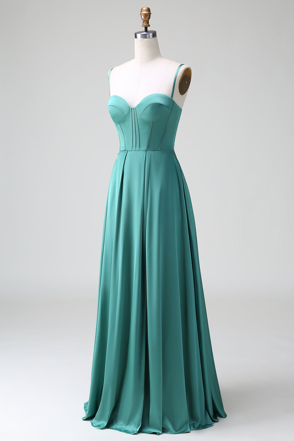 Eucalyptus Spaghetti Straps Corset Satin A Line Long Bridesmaid Dress