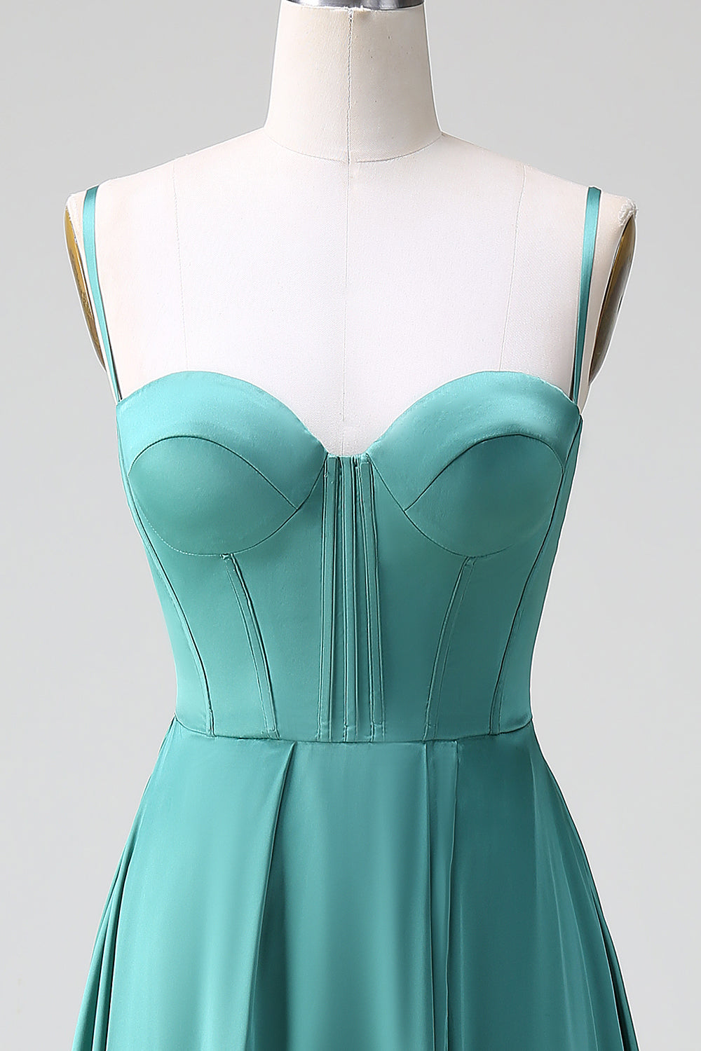 Eucalyptus Spaghetti Straps Corset Satin A Line Long Bridesmaid Dress