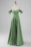 Dusty Sage Off the Shoulder Pleated A Line Satin Long Bridesmaid Dress