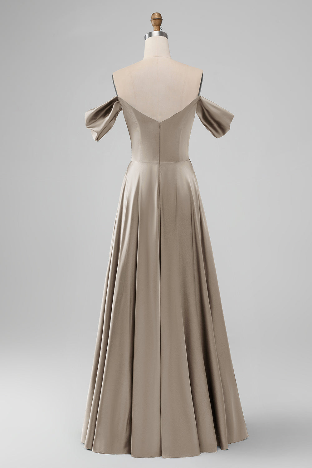 Dusty Sage Off the Shoulder Pleated A Line Satin Long Bridesmaid Dress