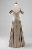 Dusty Sage Off the Shoulder Pleated A Line Satin Long Bridesmaid Dress