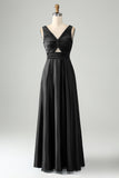 Ink Blue V Neck Pleated Hollow Out Satin Bridesmaid Dress