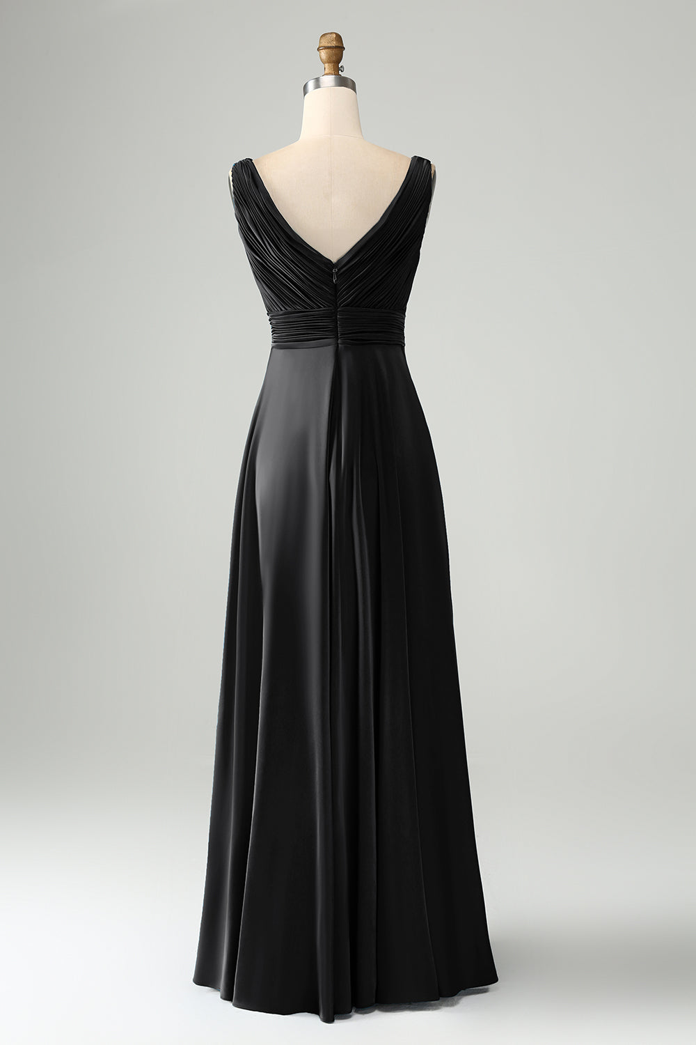 Ink Blue V Neck Pleated Hollow Out Satin Bridesmaid Dress
