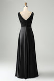 Ink Blue V Neck Pleated Hollow Out Satin Bridesmaid Dress