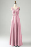 Ink Blue V Neck Pleated Hollow Out Satin Bridesmaid Dress