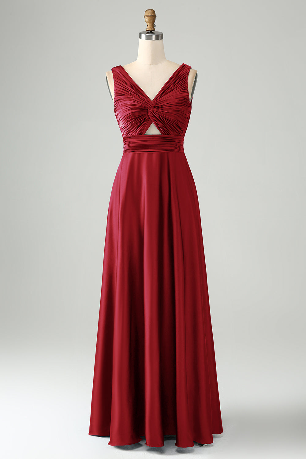 Ink Blue V Neck Pleated Hollow Out Satin Bridesmaid Dress