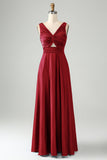 Ink Blue V Neck Pleated Hollow Out Satin Bridesmaid Dress